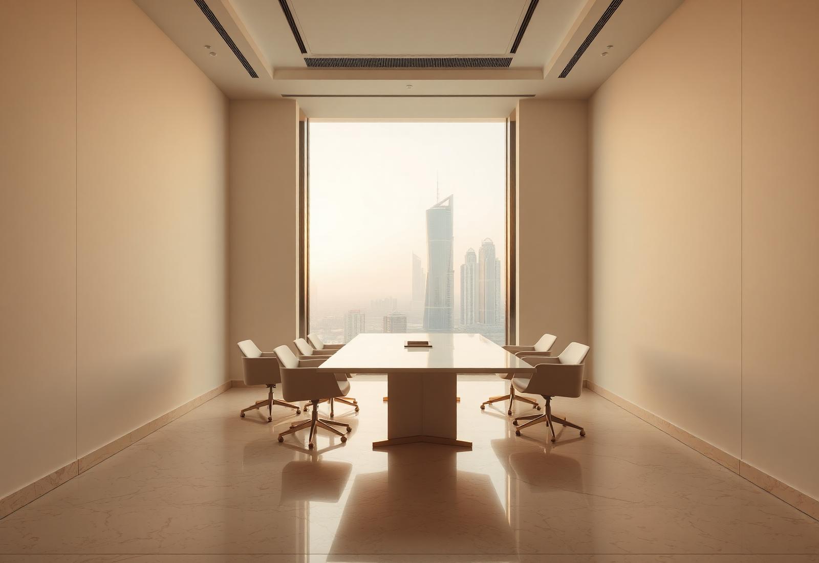 Boardroom overlooking the Dubai skyline at dawn